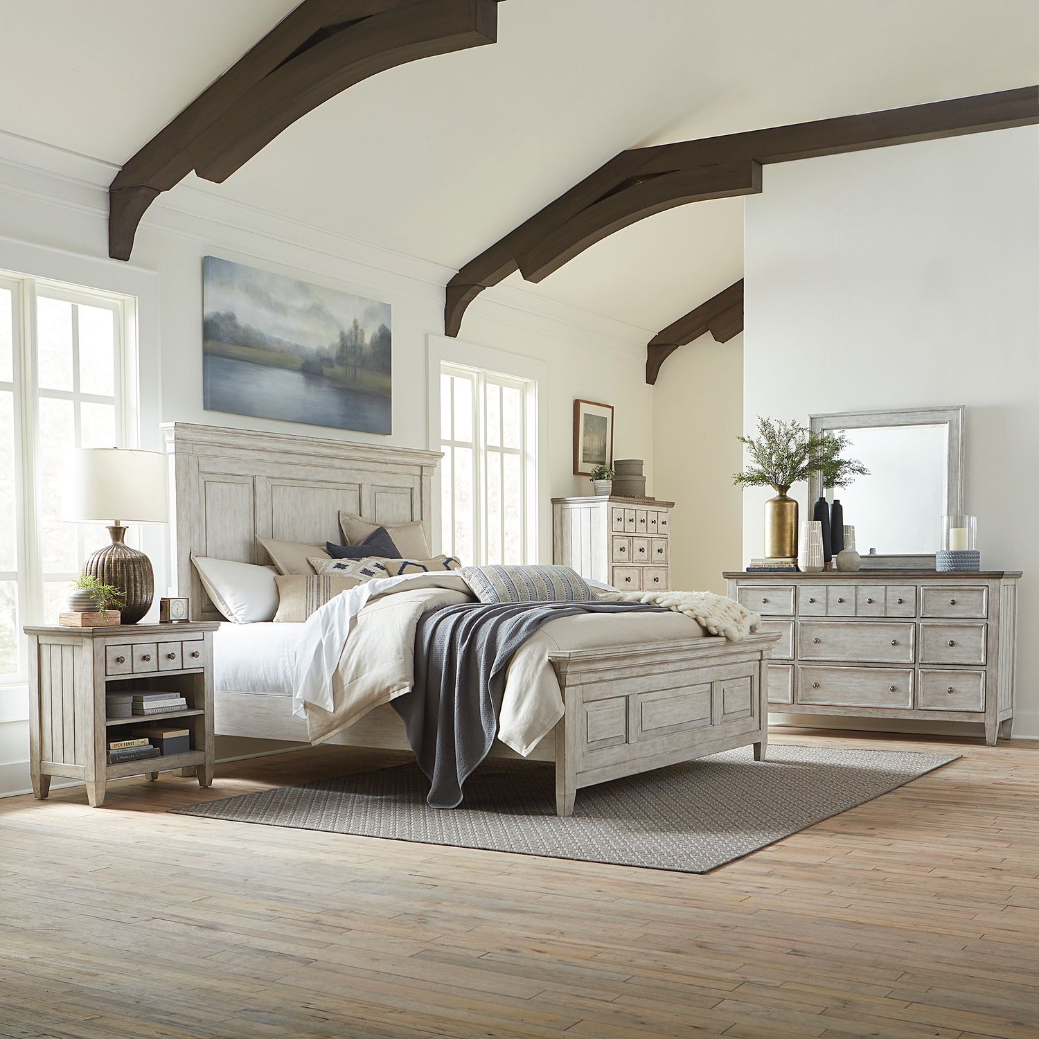 Heartland Queen Panel Bed, Dresser & Mirror, Chest, Nightstand