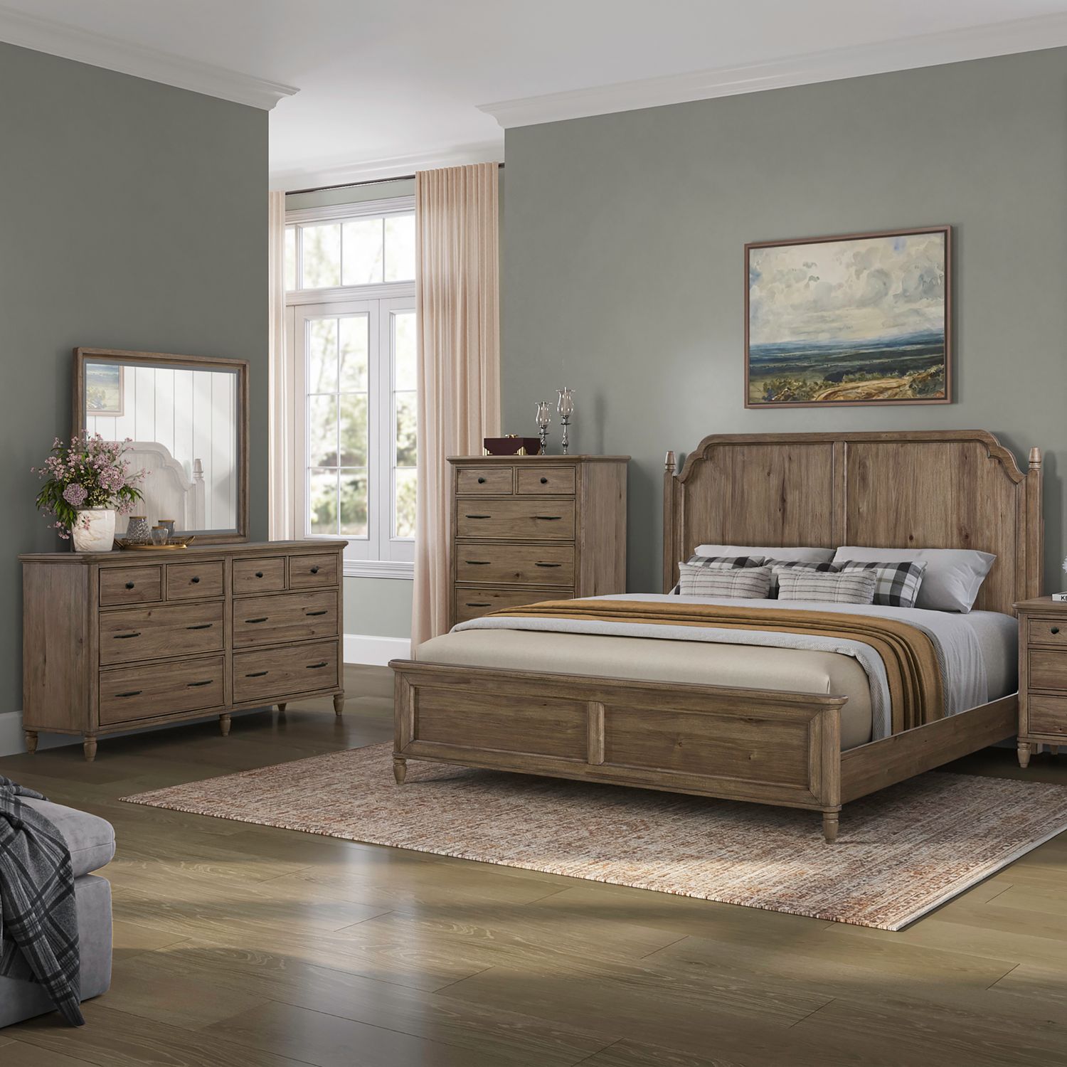 Hickory Grove King California Panel Bed, Dresser & Mirror, Chest