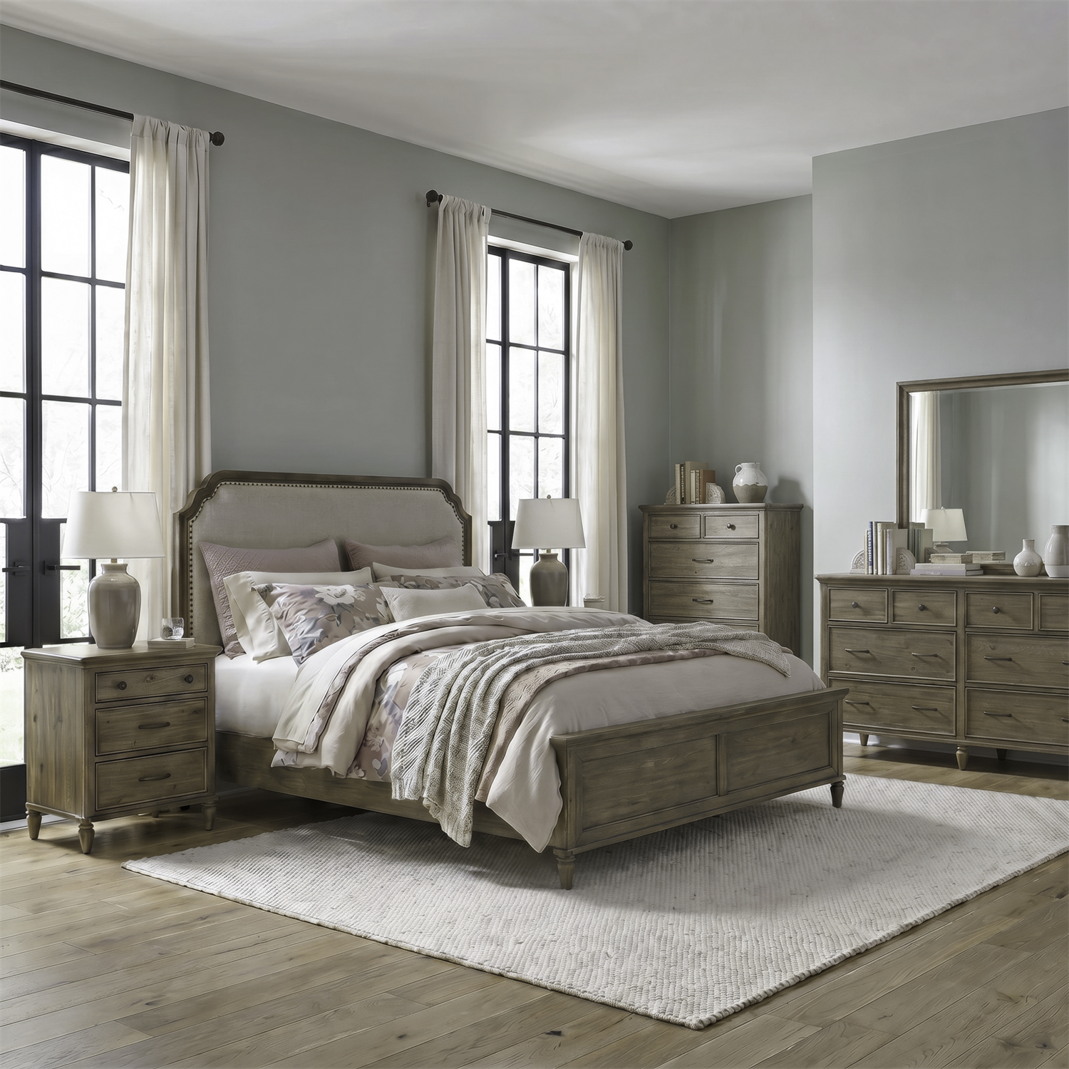 Hickory Grove King California Upholstery Bed, Dresser & Mirror, Chest, Nightstand