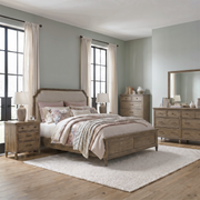 Hickory Grove King California Upholstery Bed, Dresser & Mirror, Chest, Nightstand