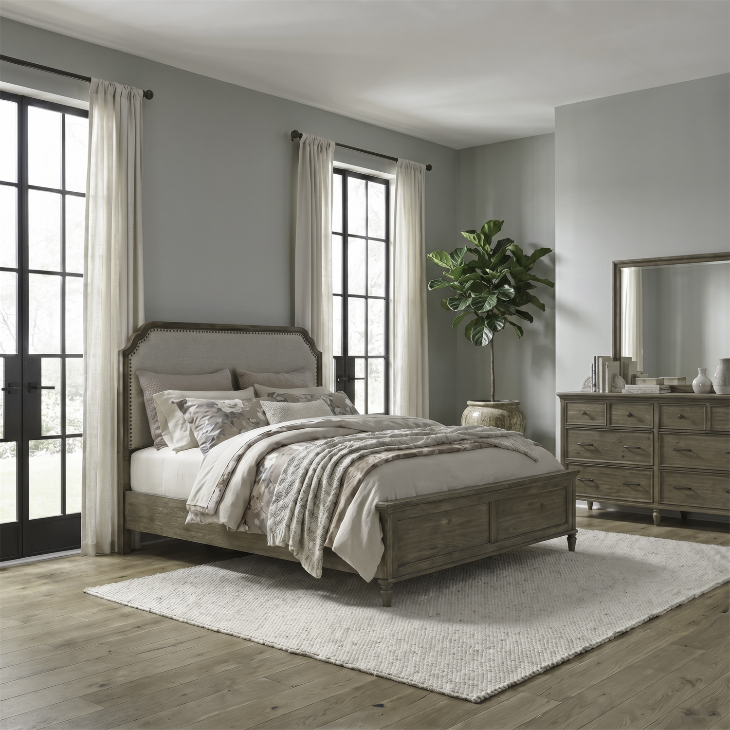 Hickory Grove King Upholstery Bed, Dresser & Mirror