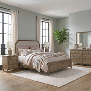 Hickory Grove King Upholstery Bed, Dresser & Mirror, Nightstand