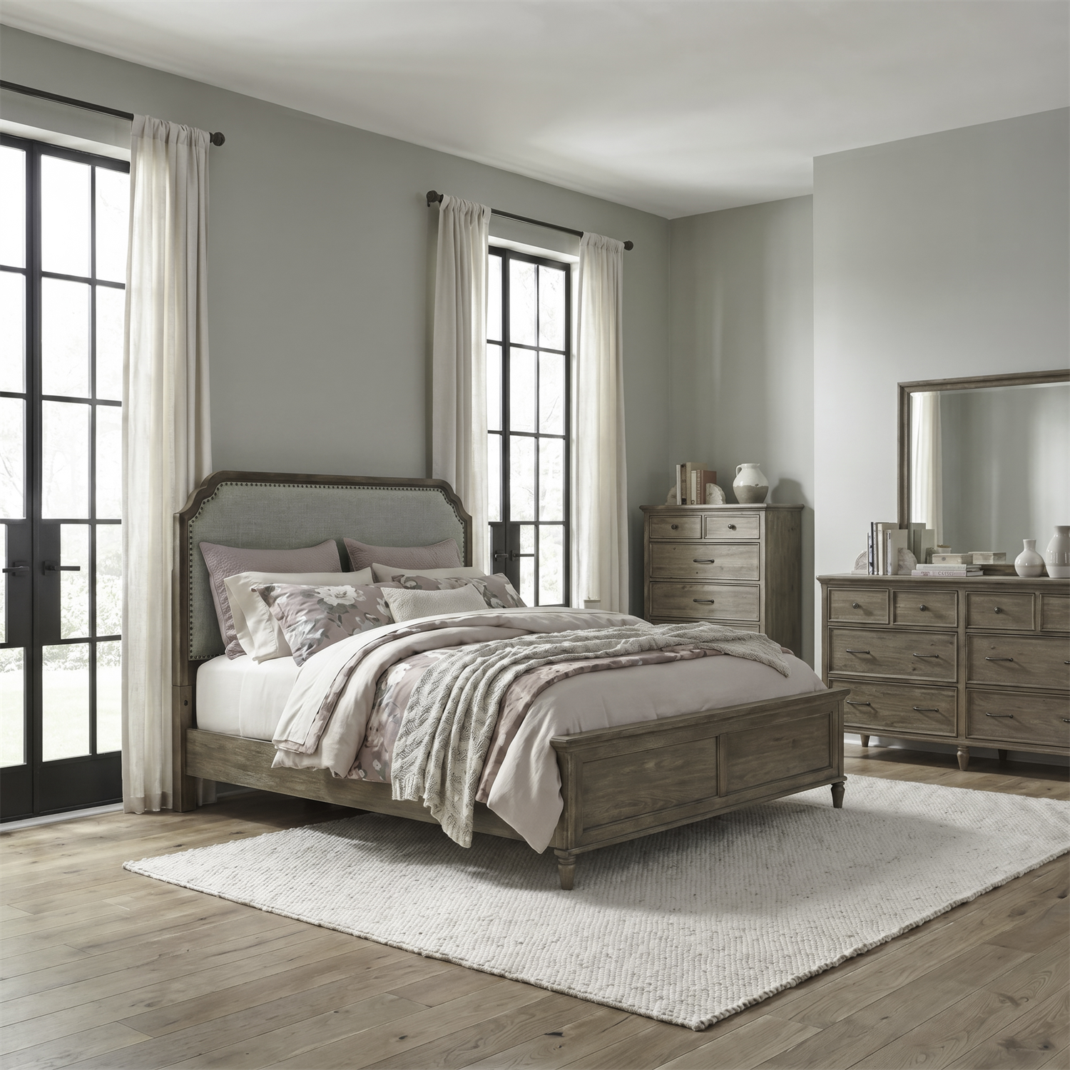 Hickory Grove Queen Upholstery Bed, Dresser & Mirror, Chest