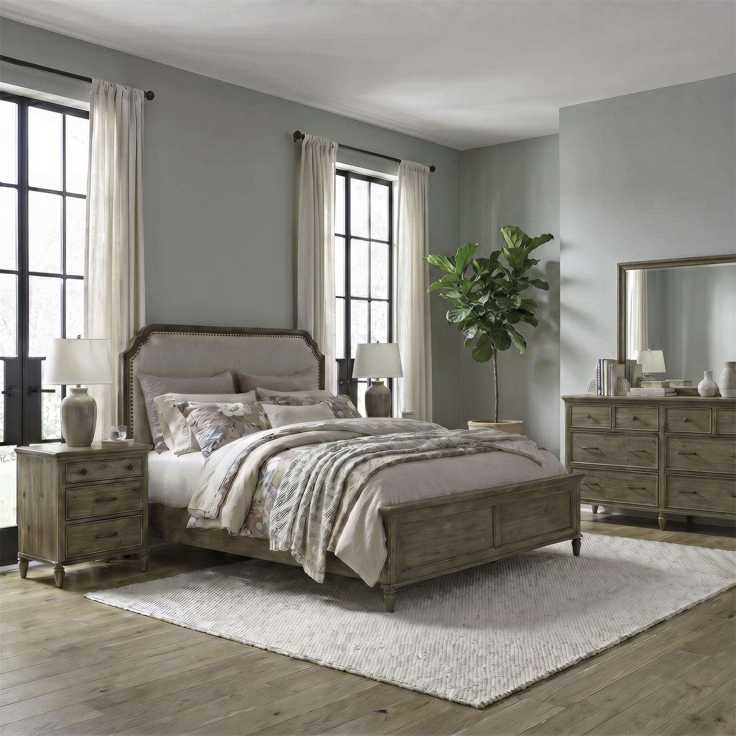 Hickory Grove Queen Upholstery Bed, Dresser & Mirror, Nightstand