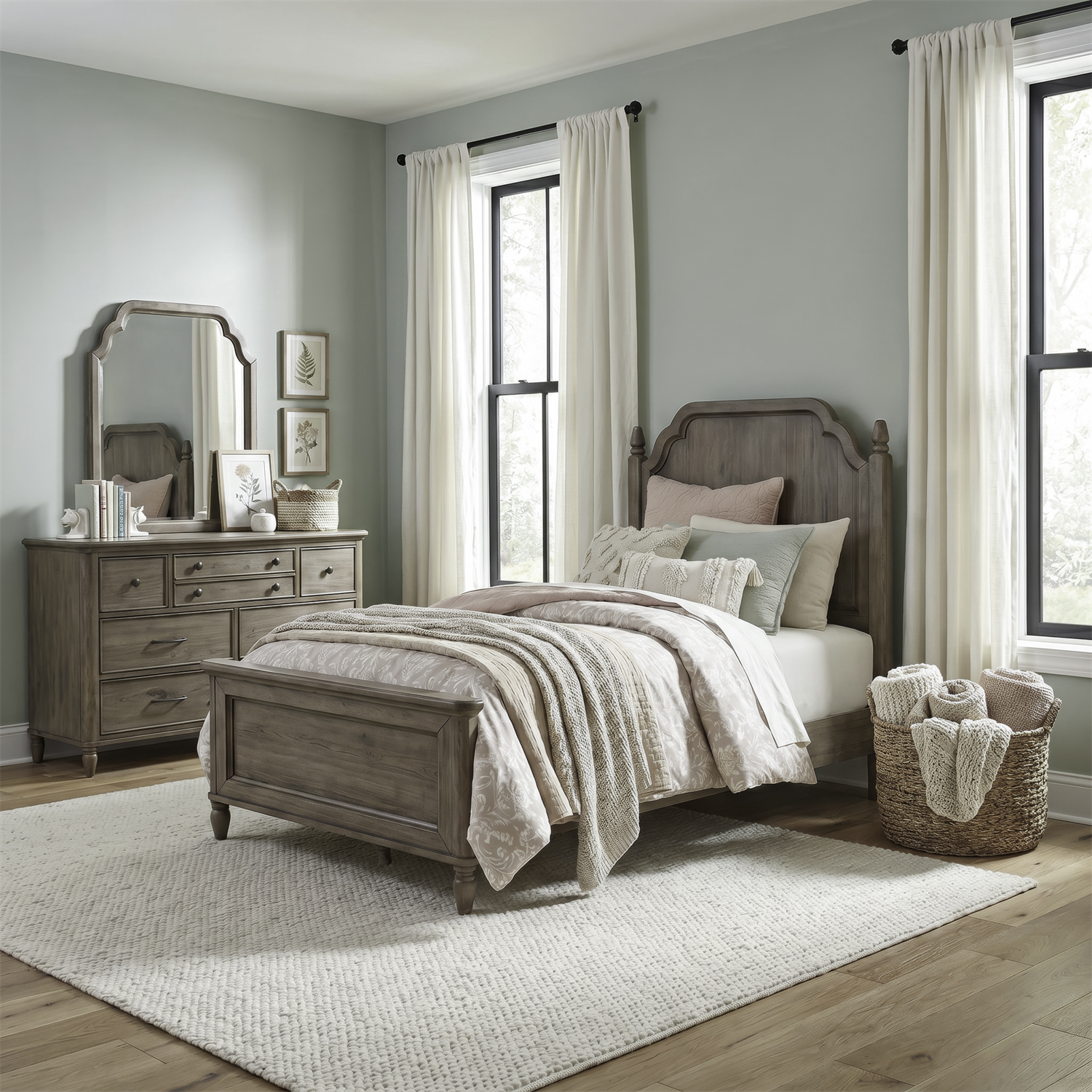 Hickory Grove Twin Panel Bed, Dresser & Mirror