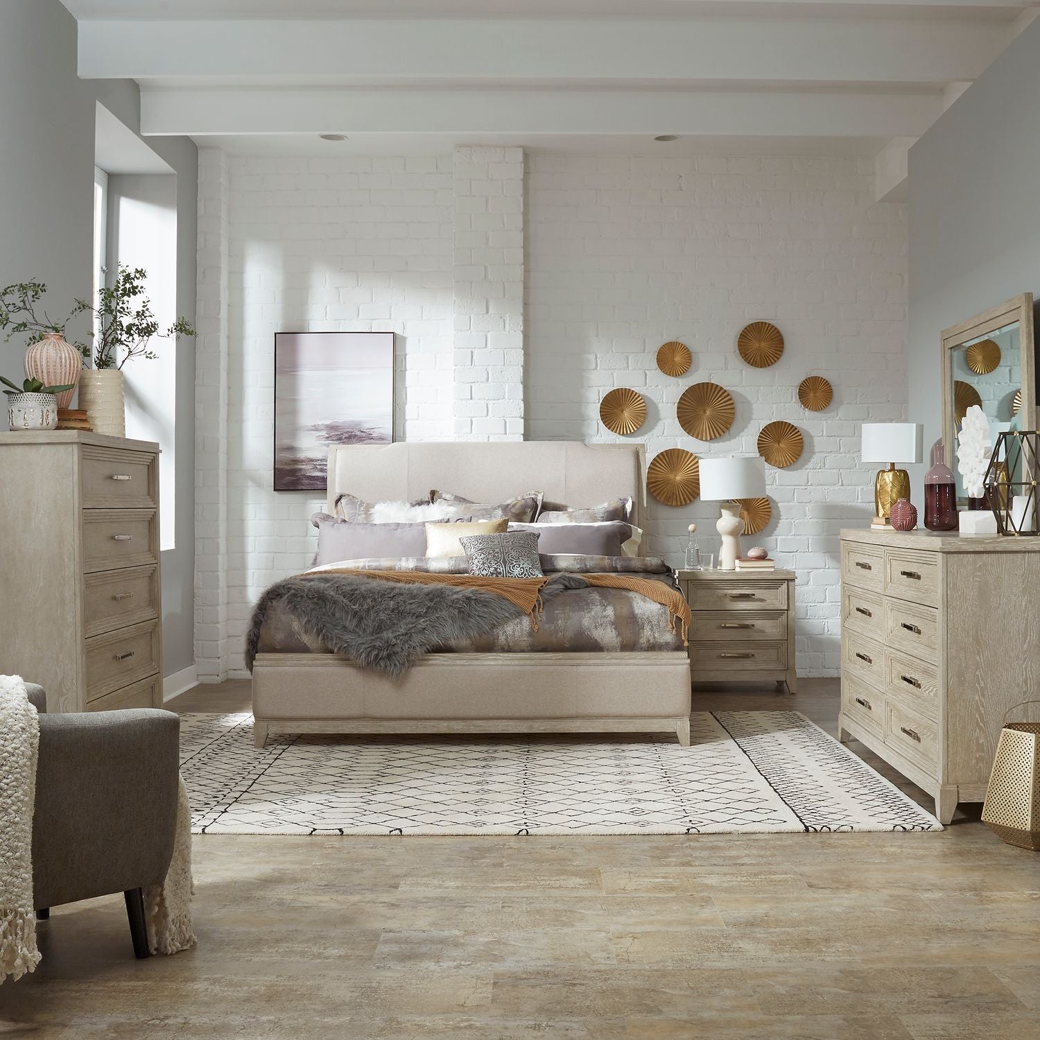 Belmar King California Upholstered Bed, Dresser & Mirror, Chest, Nightstand
