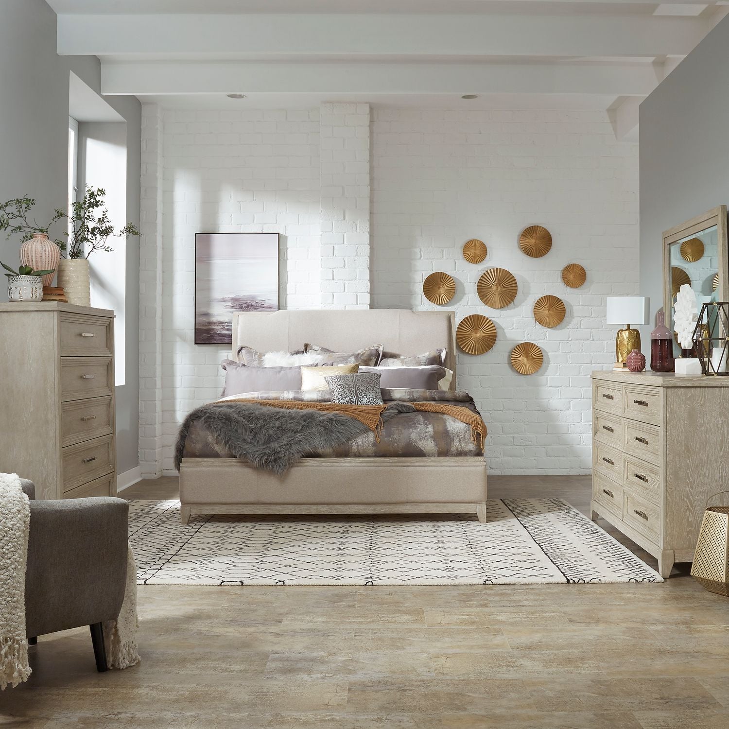 Belmar King Upholstery Bed, Dresser & Mirror, Chest
