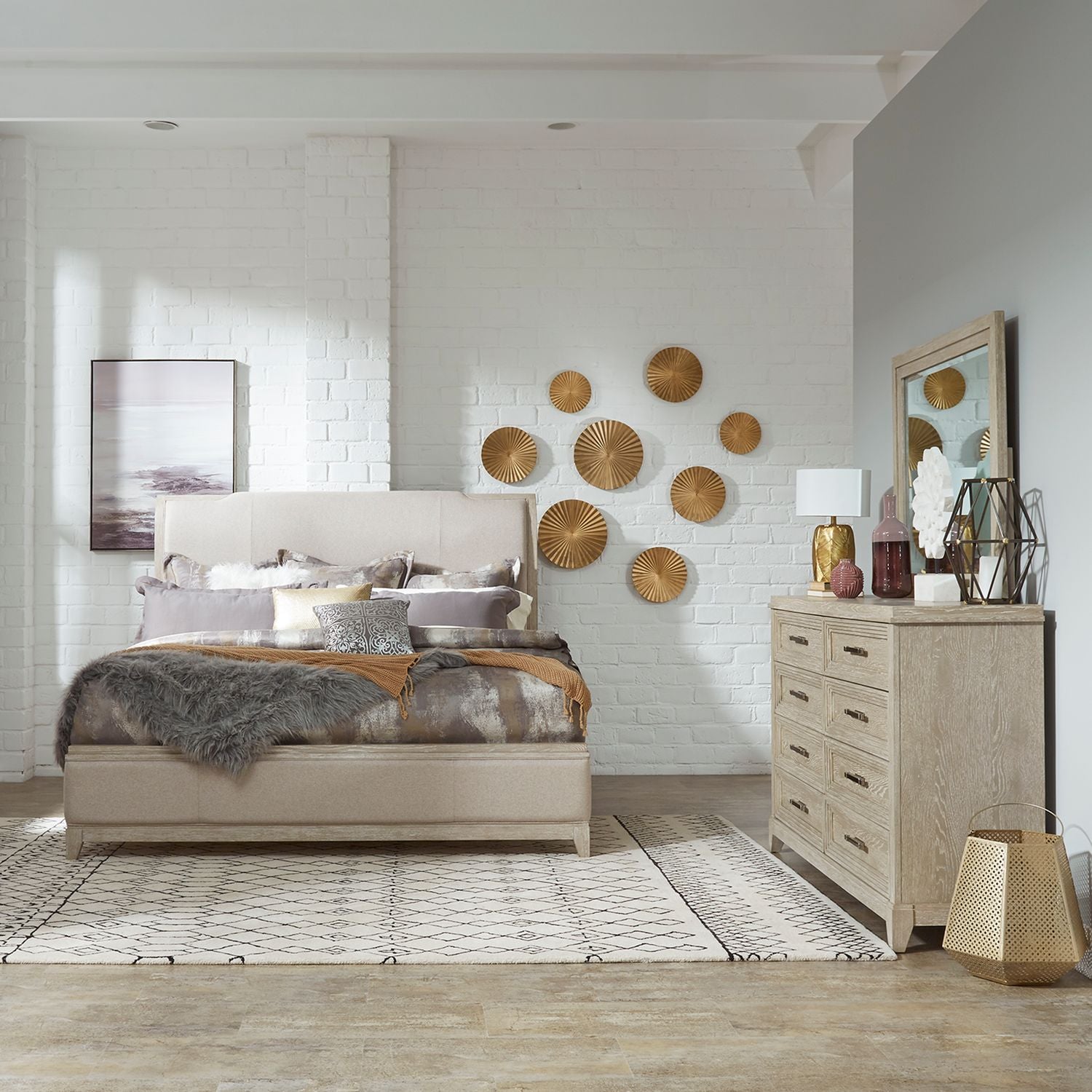 Belmar Queen Upholstery Bed, Dresser & Mirror