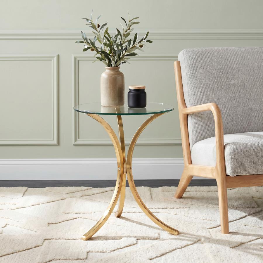 Eloise Round Glass Top Curved Metal Side Table Gold