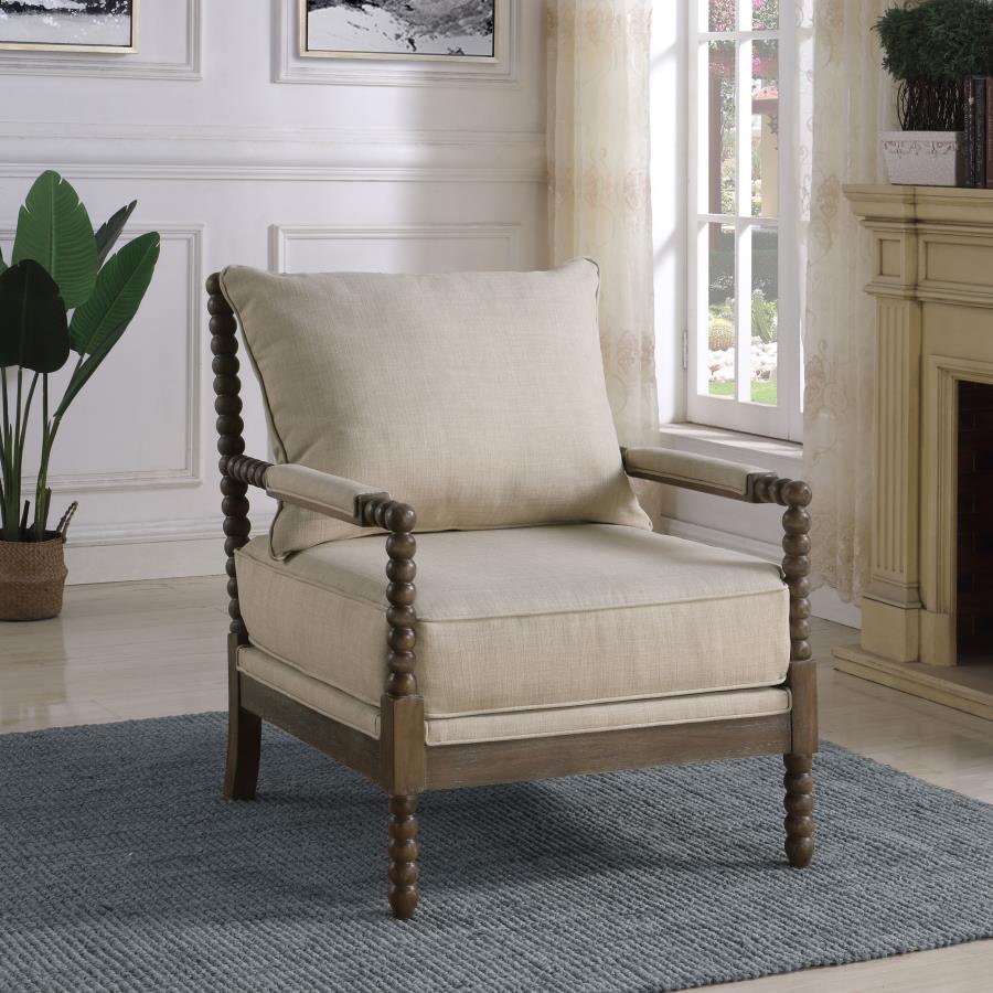 Blanchett Upholstered Bobbin Accent Chair Turned Wood Frame Beige