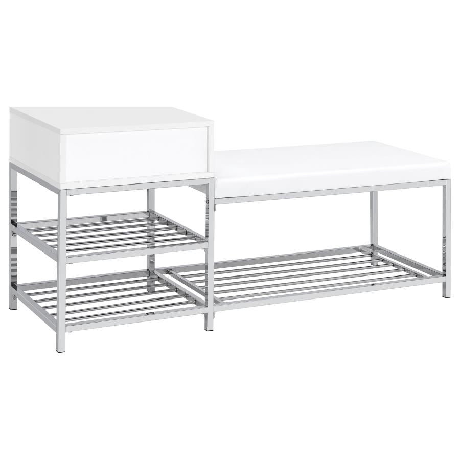 Siega 1-Drawer Shoe Storage Entryway Bench White High Gloss and Chrome
