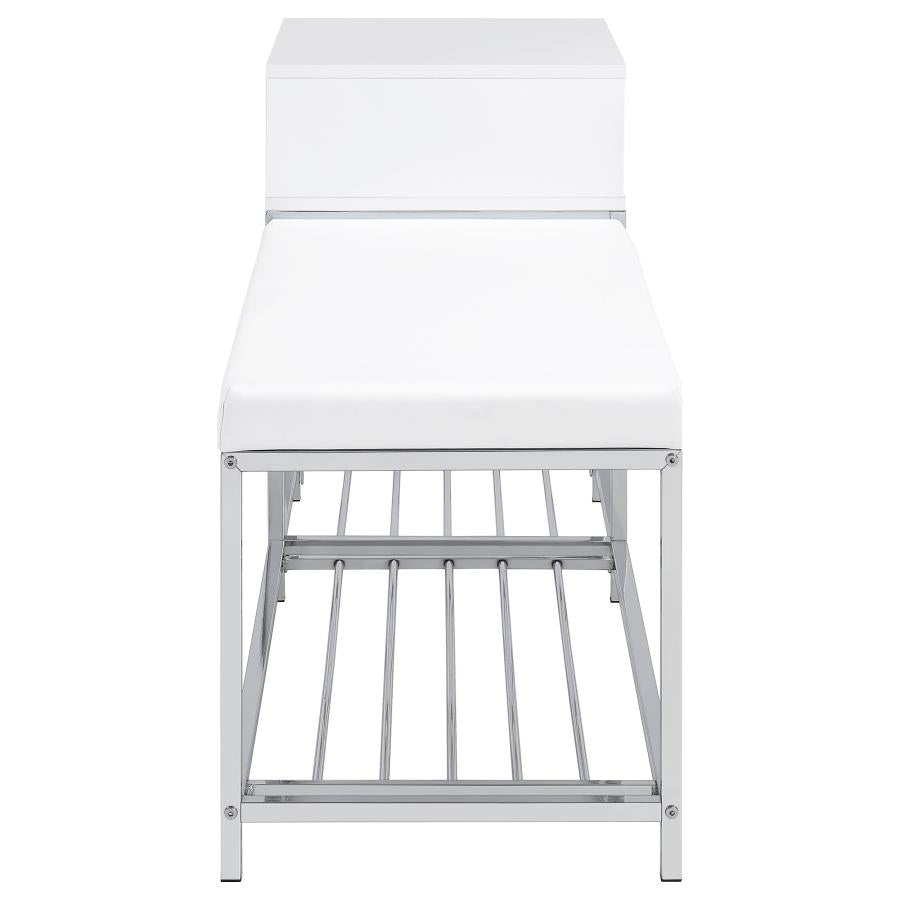 Siega 1-Drawer Shoe Storage Entryway Bench White High Gloss and Chrome