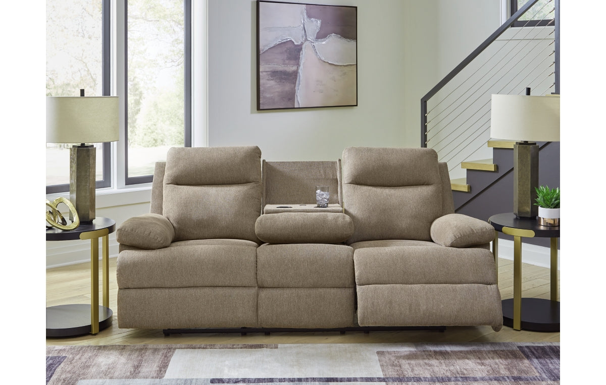 Side-Swipe Reclining Sofa with Drop Down Table