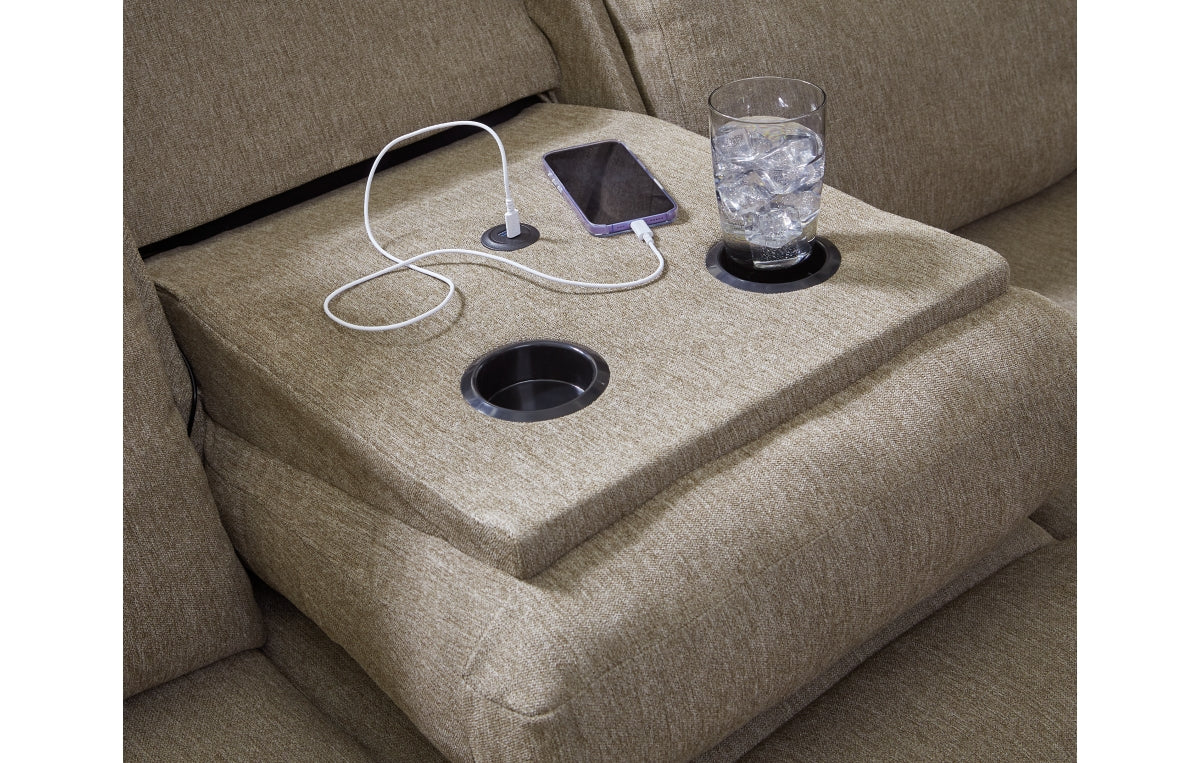Side-Swipe Reclining Sofa with Drop Down Table