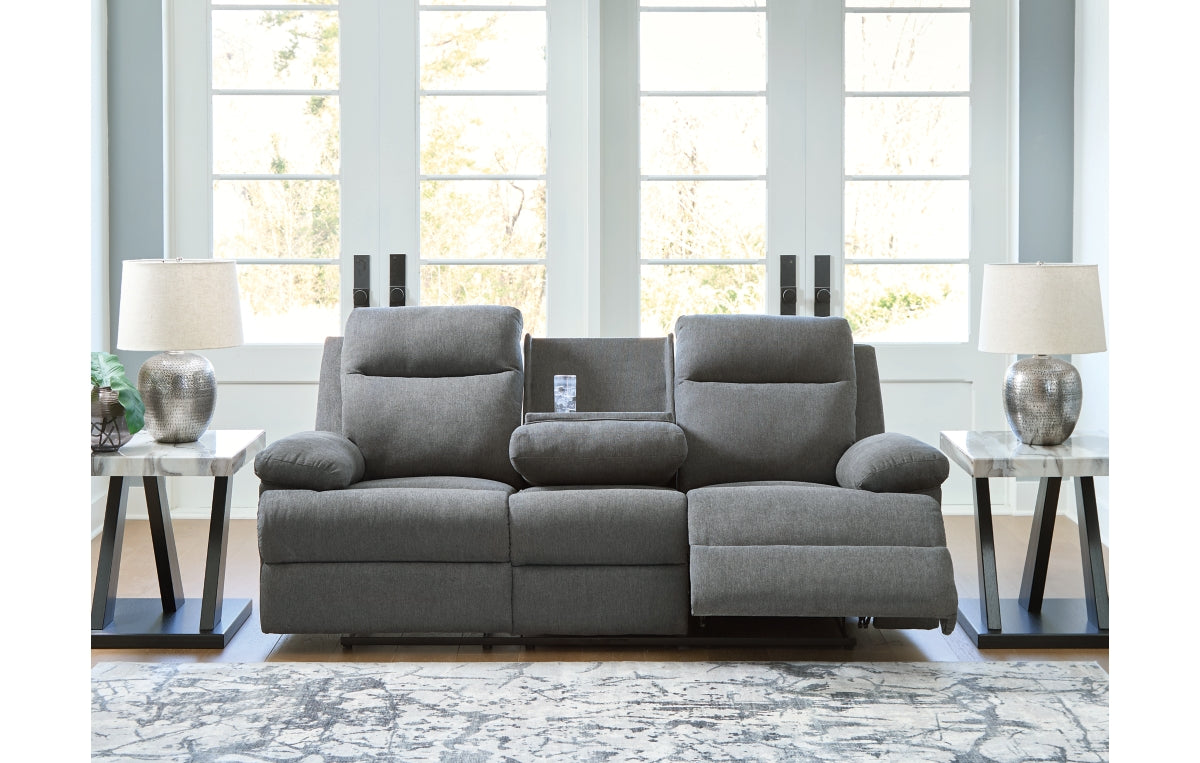Side-Swipe Reclining Sofa with Drop Down Table