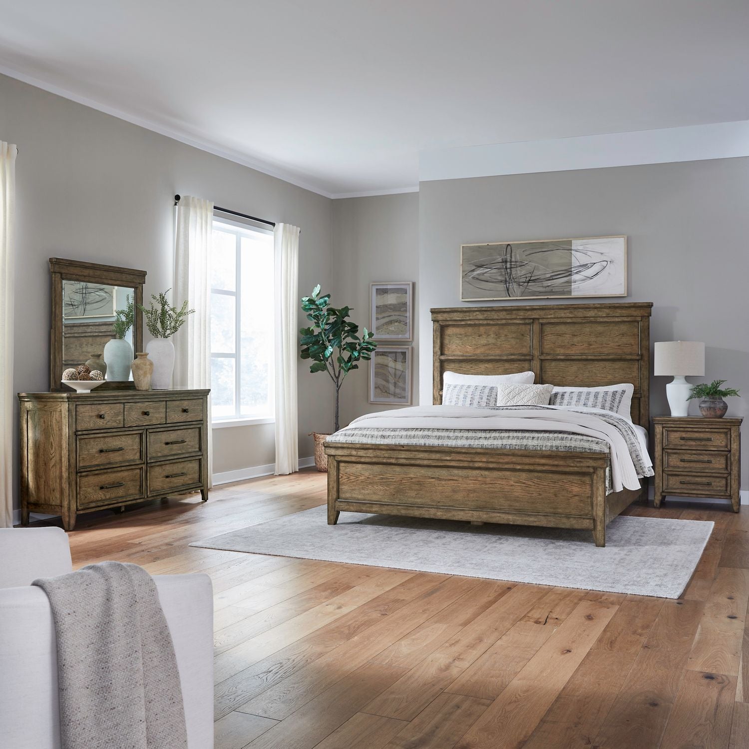 Carolina Park King Panel Bed, Dresser & Mirror, Nightstand