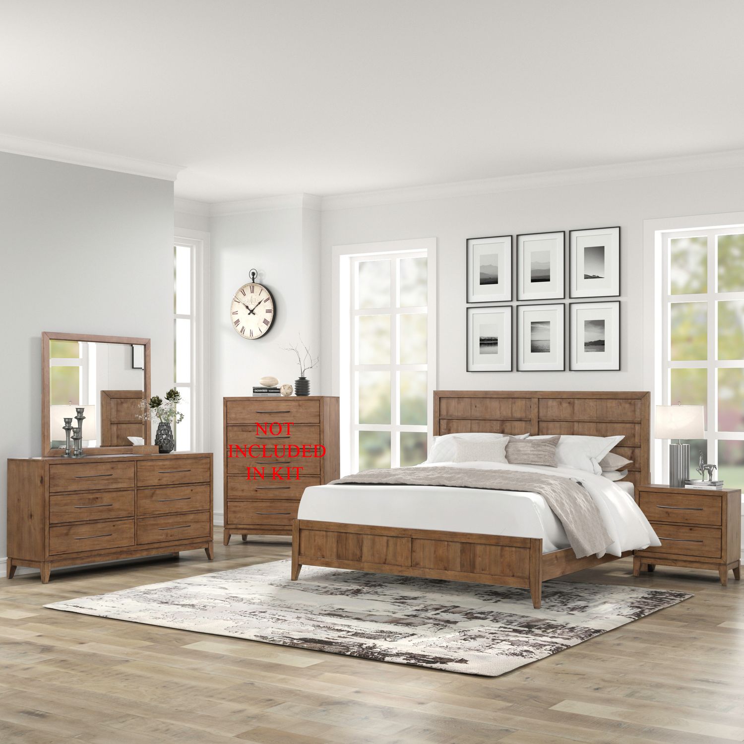 Shaker Lakes King California Panel Bed, Dresser & Mirror, Nightstand