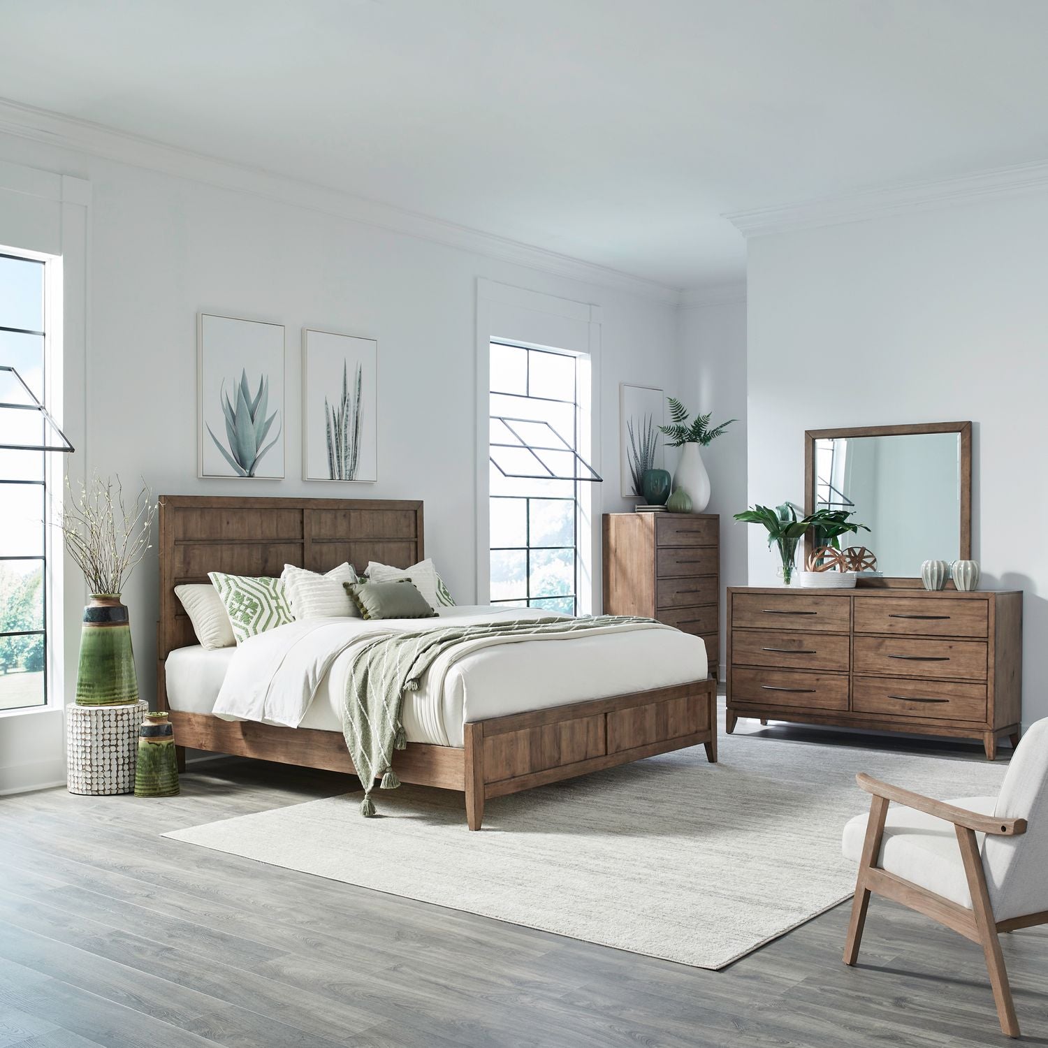 Shaker Lakes King Panel Bed, Dresser & Mirror, Chest