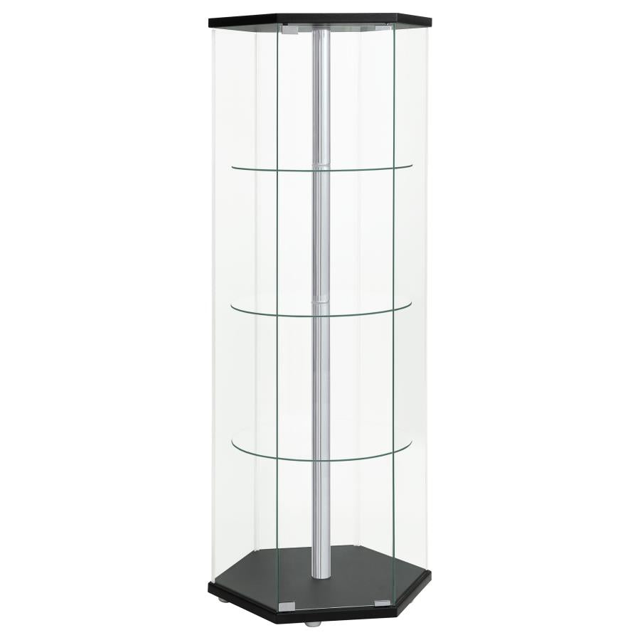 Zahavah 3-shelf Hexagonal Clear Glass Curio Cabinet Black