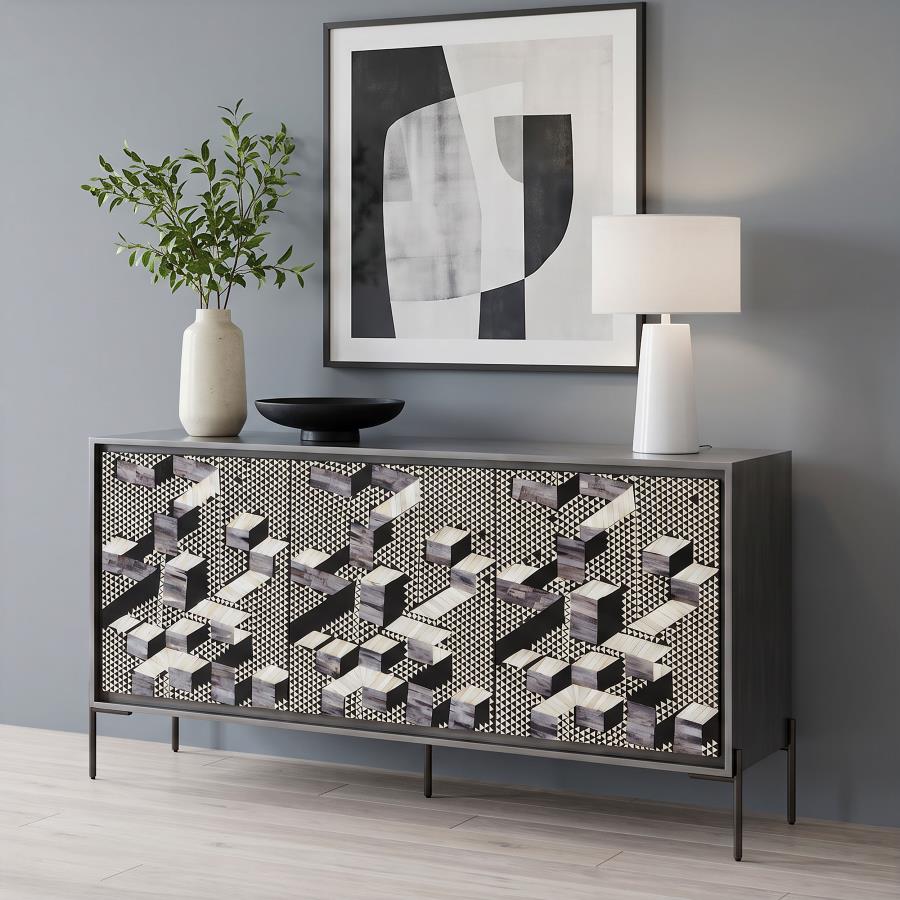 Krause 3-door Bone Inlay Accent Cabinet Grey and Black