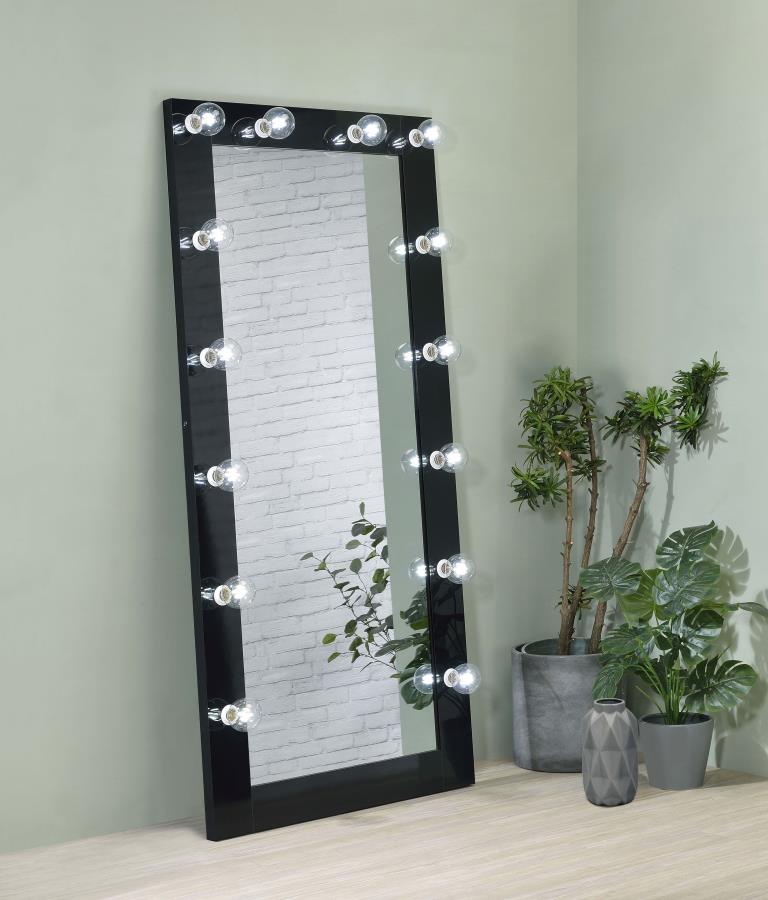 Zayan 32 x 71 Inch Floor Mirror LED Lighting Black High Gloss