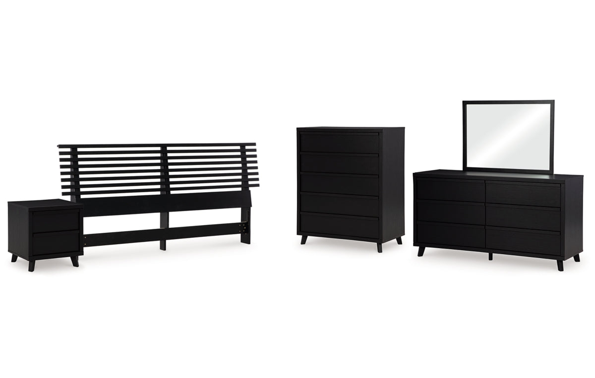Danziar King Panel Headboard with Mirrored Dresser, Chest and Nightstand