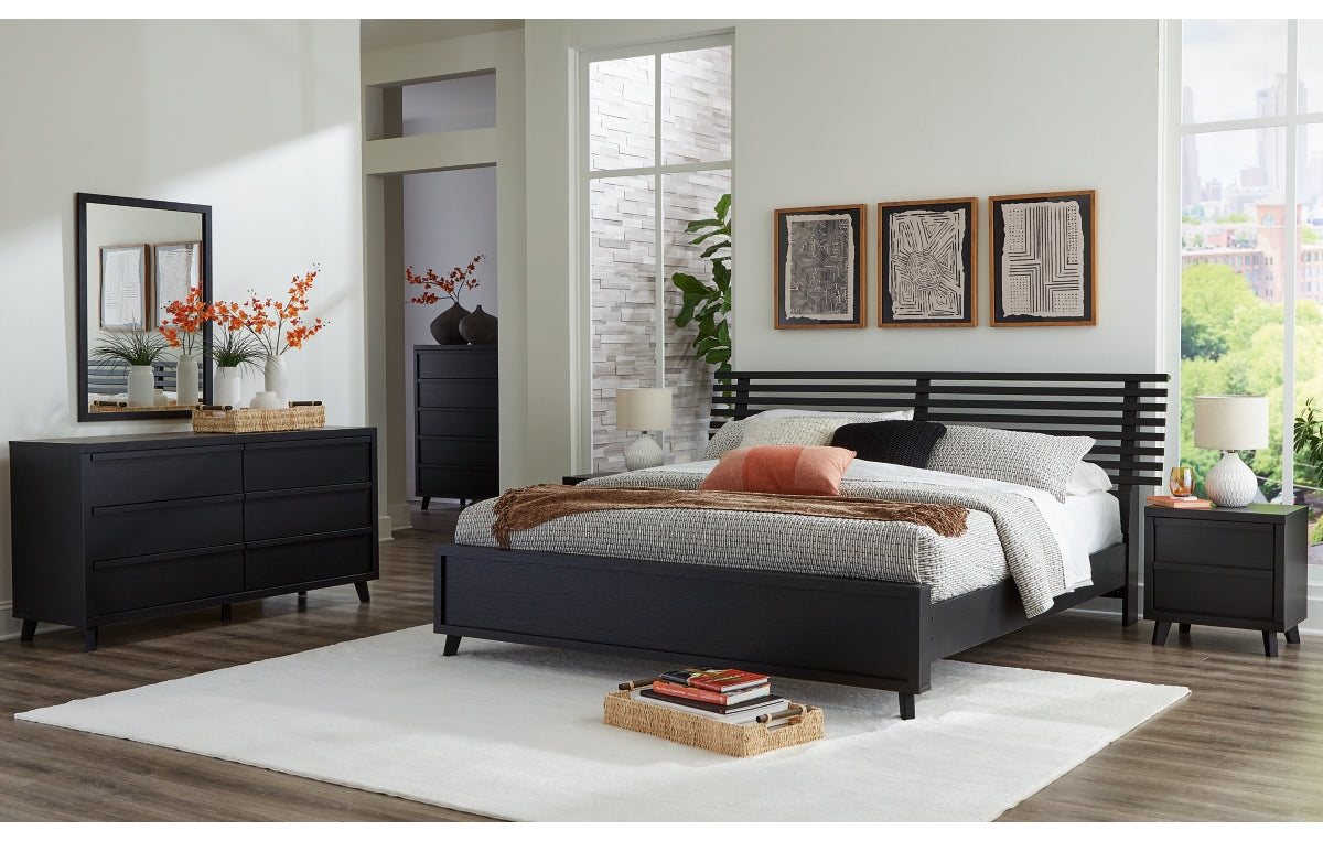 Danziar King Panel Bed with Mirrored Dresser, Chest and Nightstand