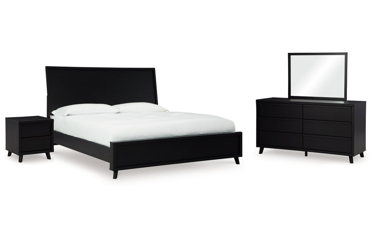 Danziar King Panel Bed with Mirrored Dresser and Nightstand