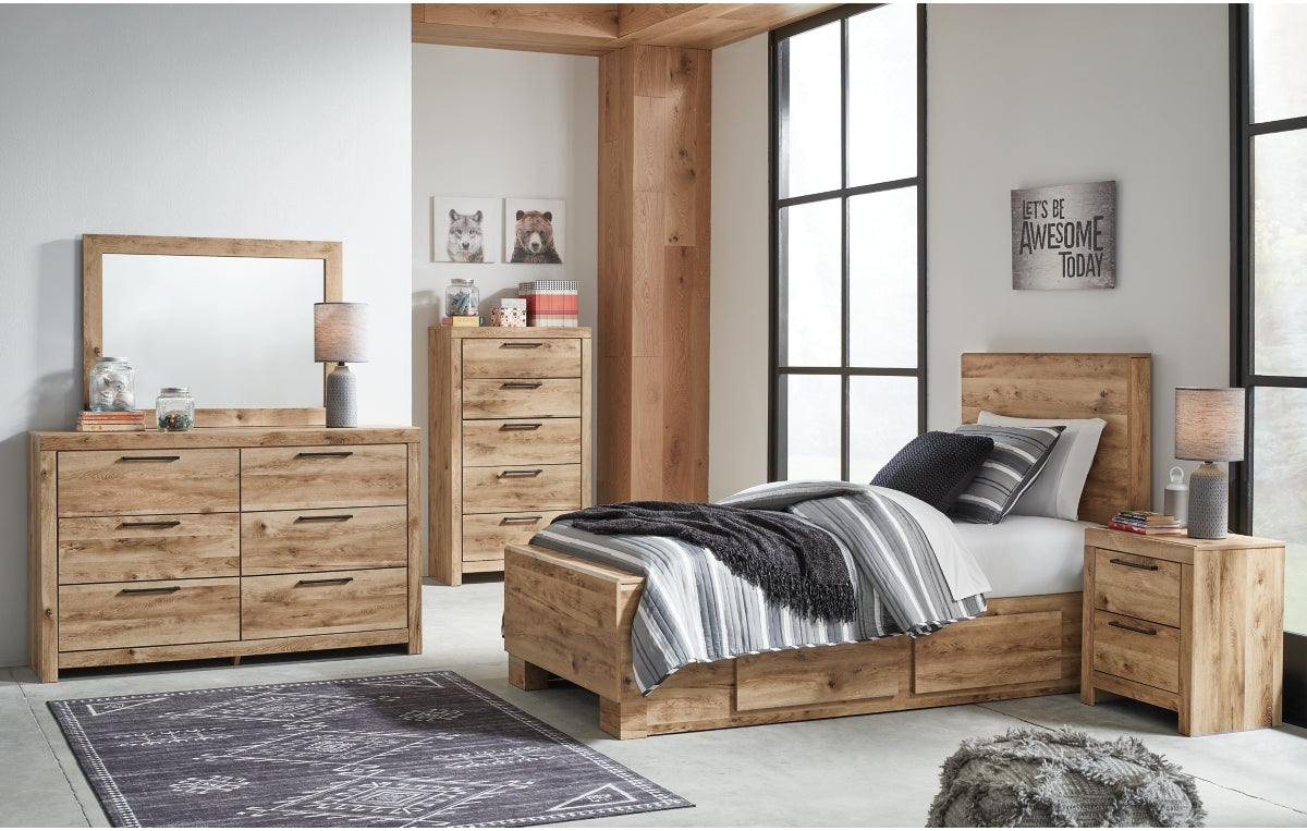 Hyanna Twin Panel Bed with 1 Side Storage, Dresser, Mirror and Chest