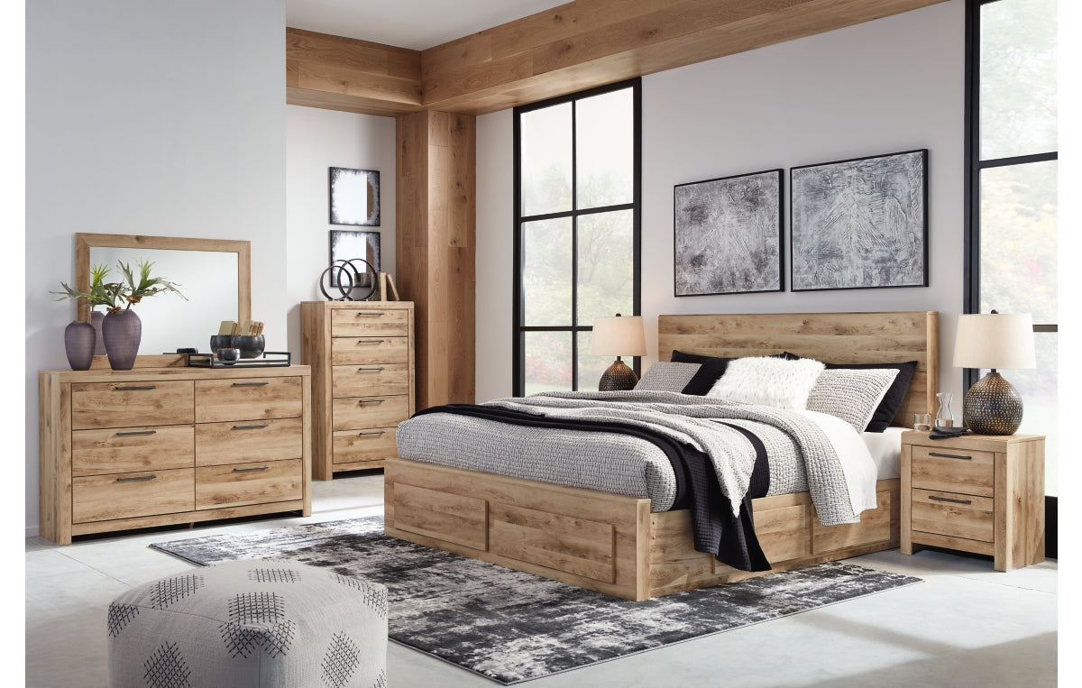 Hyanna Queen Panel Storage Bed with 1 Under Bed Storage Drawer, Dresser, Mirror and Chest