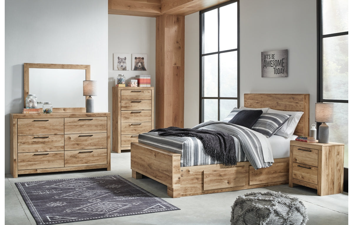 Hyanna Full Panel Bed with Storage with Mirrored Dresser, Chest and Nightstand