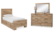 Hyanna Twin Panel Bed with Storage with Mirrored Dresser