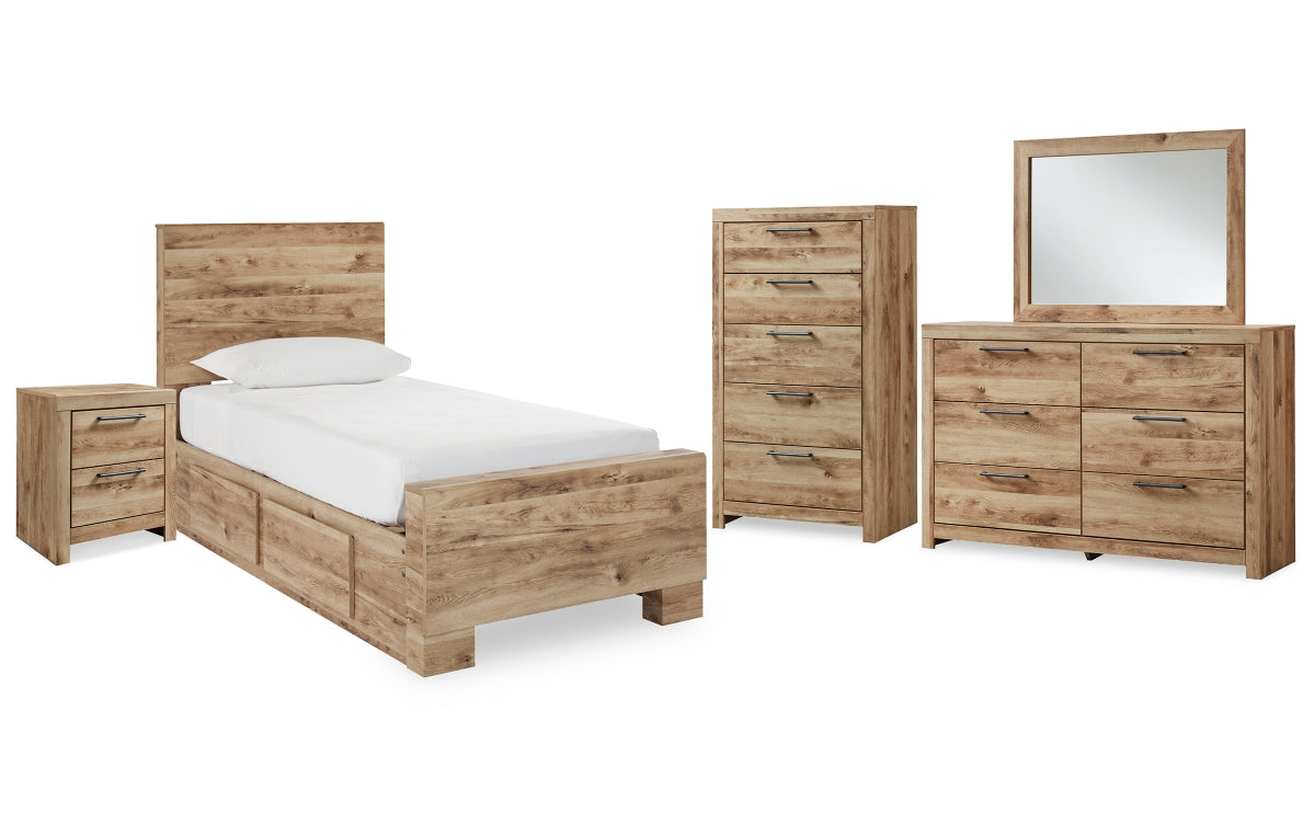 Hyanna Twin Panel Bed with Storage with Mirrored Dresser, Chest and Nightstand