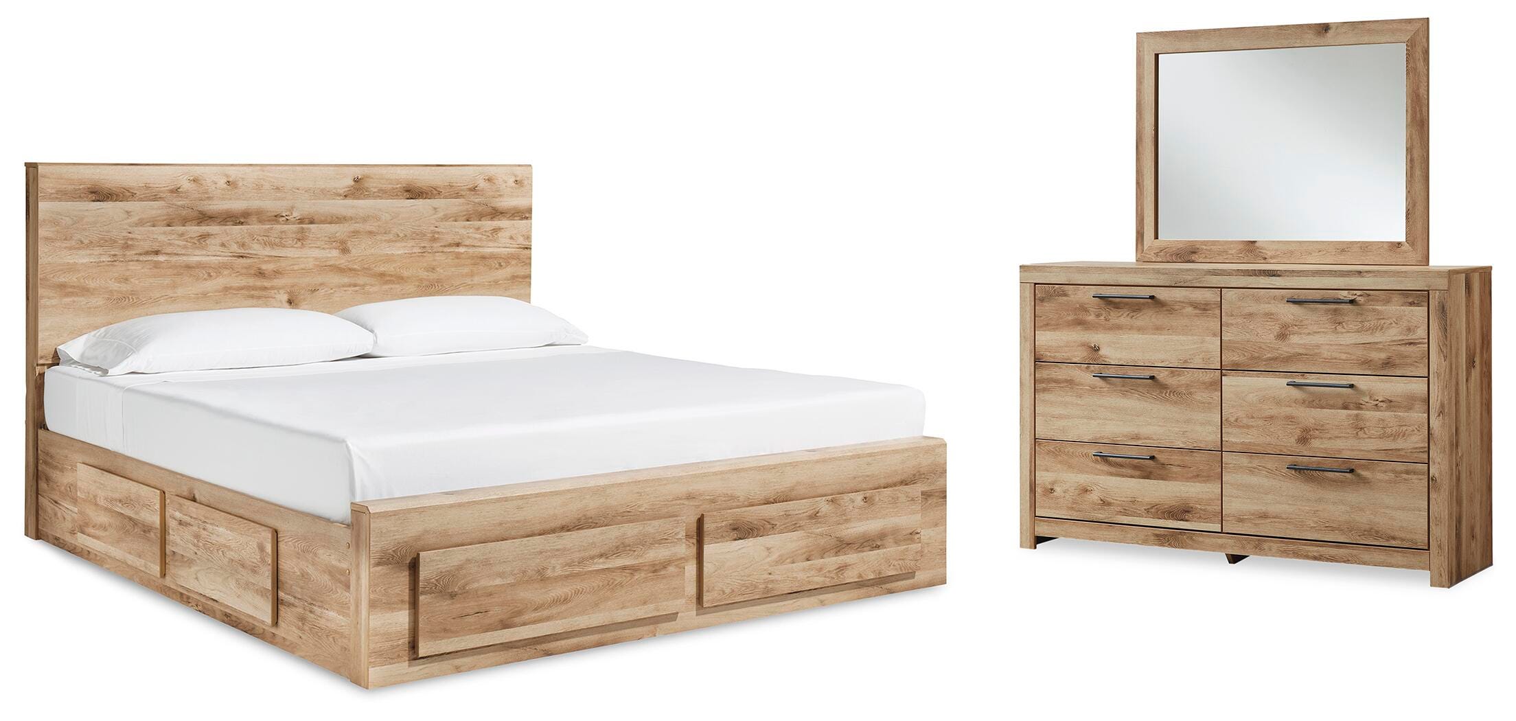 Hyanna Queen Panel Storage Bed with 2 Under Bed Storage Drawer, Dresser and Mirror