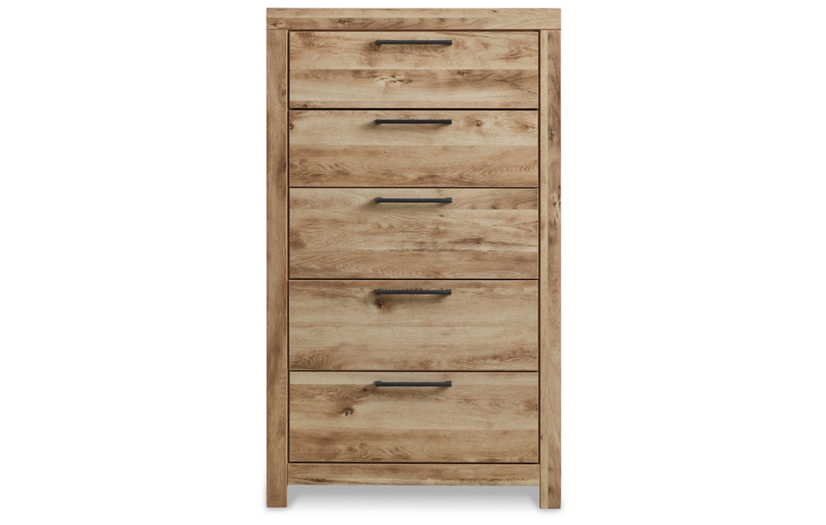Hyanna Queen Panel Storage Bed with 1 Under Bed Storage Drawer, Dresser, Mirror and Chest