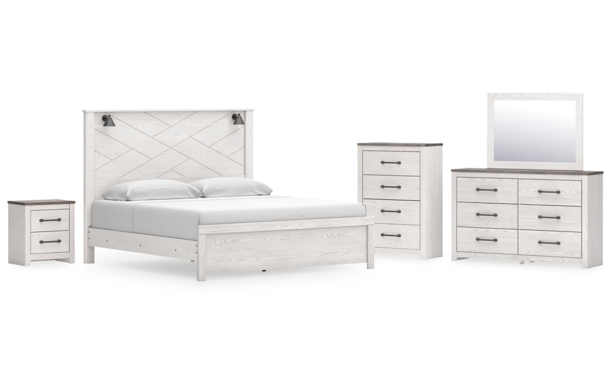 Gerridan King Panel Bed with Mirrored Dresser, Chest and Nightstand