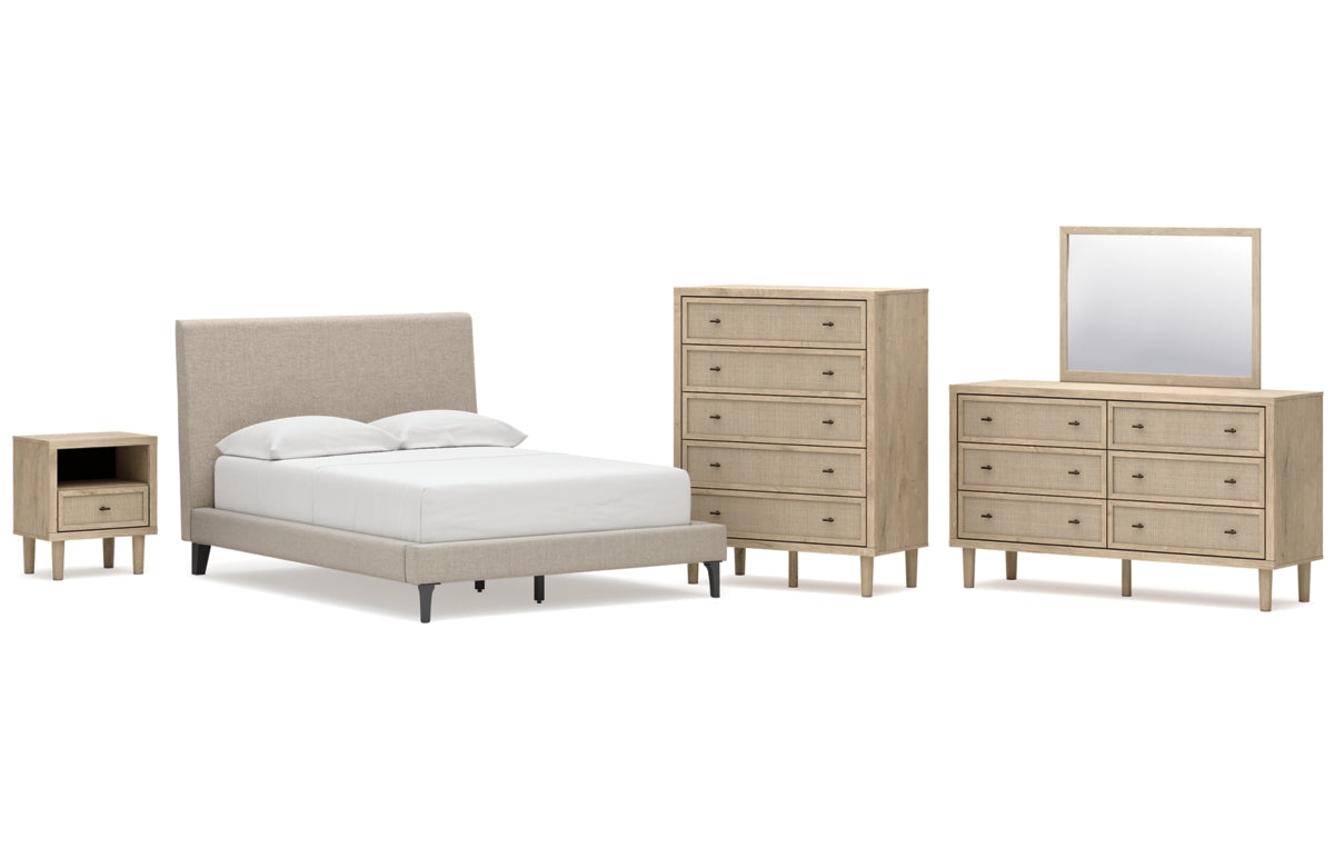 Cielden Full Upholstered Bed with Roll Slats, Dresser, Mirror, Chest and Nightstand