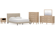 Cielden Queen Upholstered Bed with Roll Slats, Dresser, Mirror, Chest and Nightstand