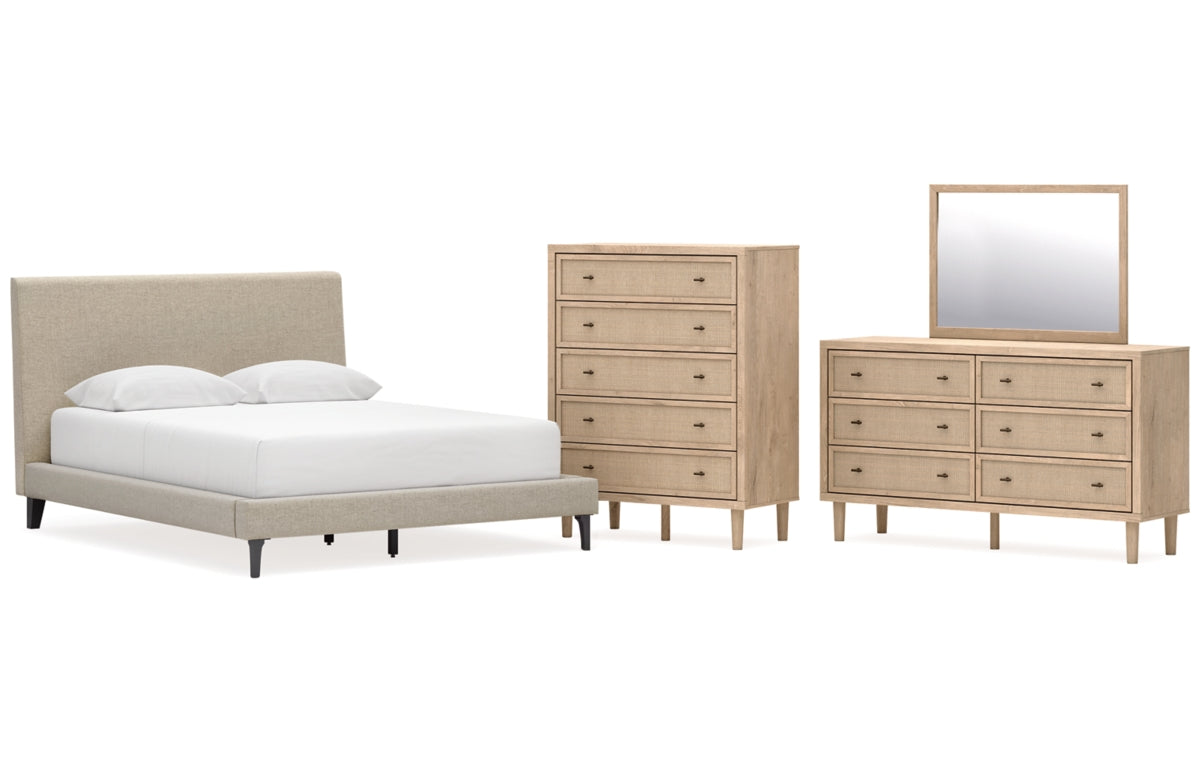 Cielden Queen Upholstered Bed with Roll Slats, Dresser, Mirror and Chest