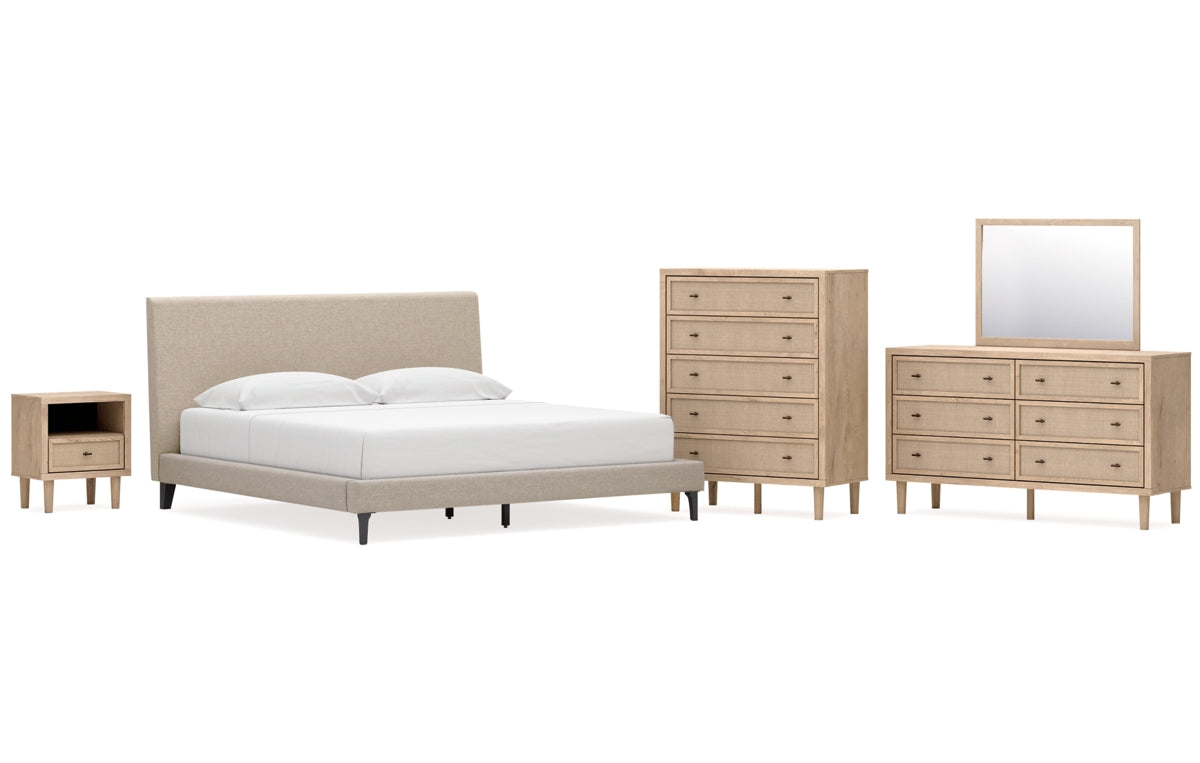 Cielden King Upholstered Bed with Roll Slats, Dresser, Mirror, Chest and Nightstand