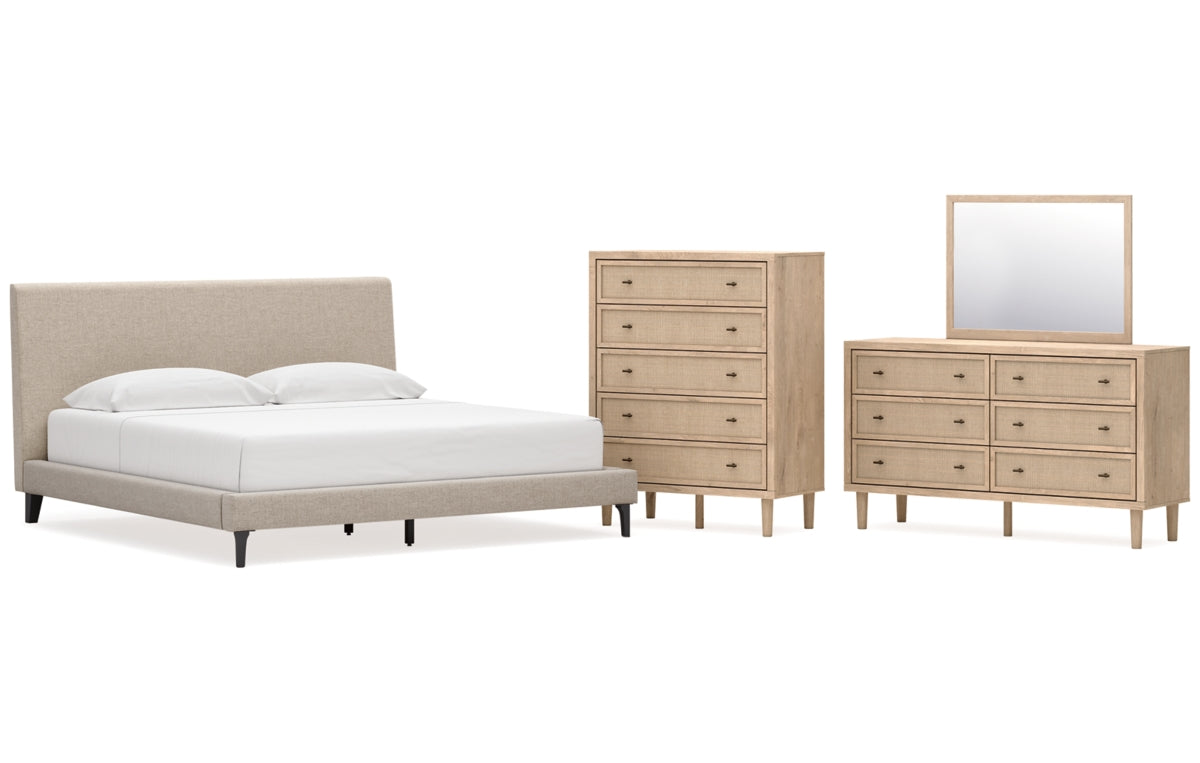 Cielden King Upholstered Bed with Roll Slats, Dresser, Mirror and Chest