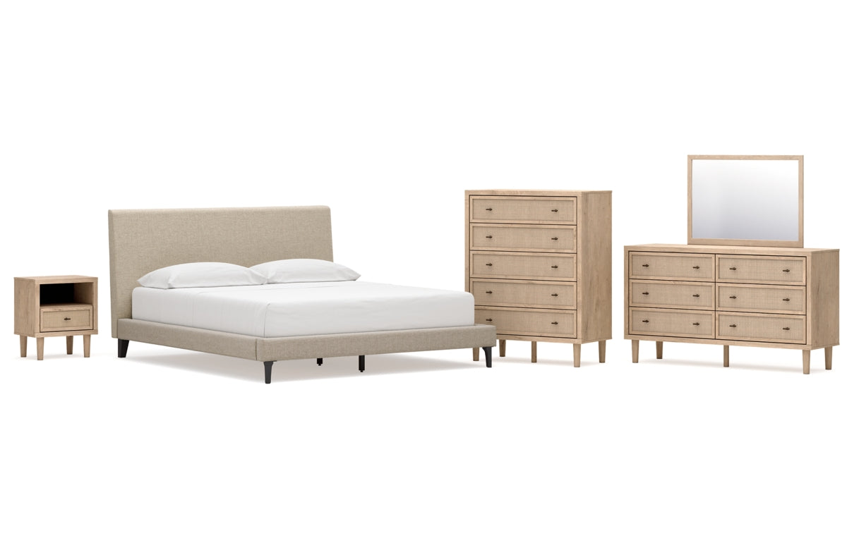 Cielden California King Upholstered Bed with Roll Slats, Dresser, Mirror, Chest and Nightstand