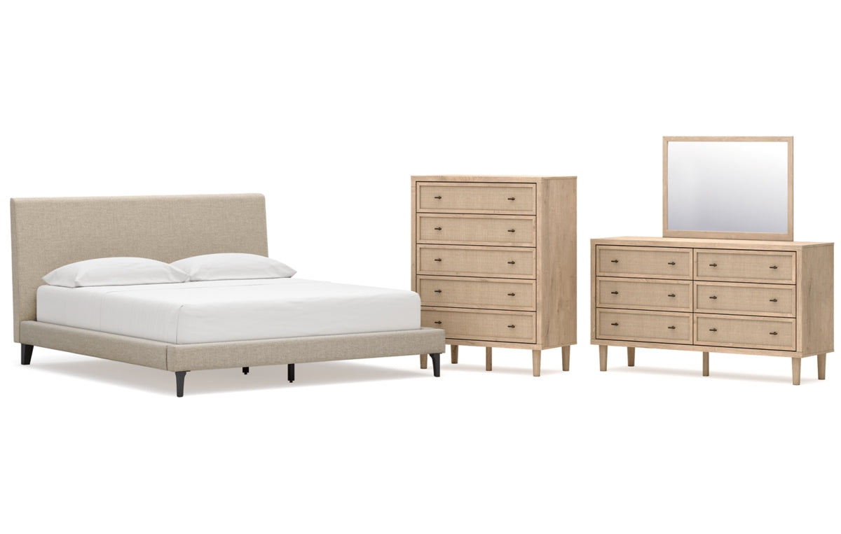 Cielden California King Upholstered Bed with Roll Slats, Dresser, Mirror and Chest