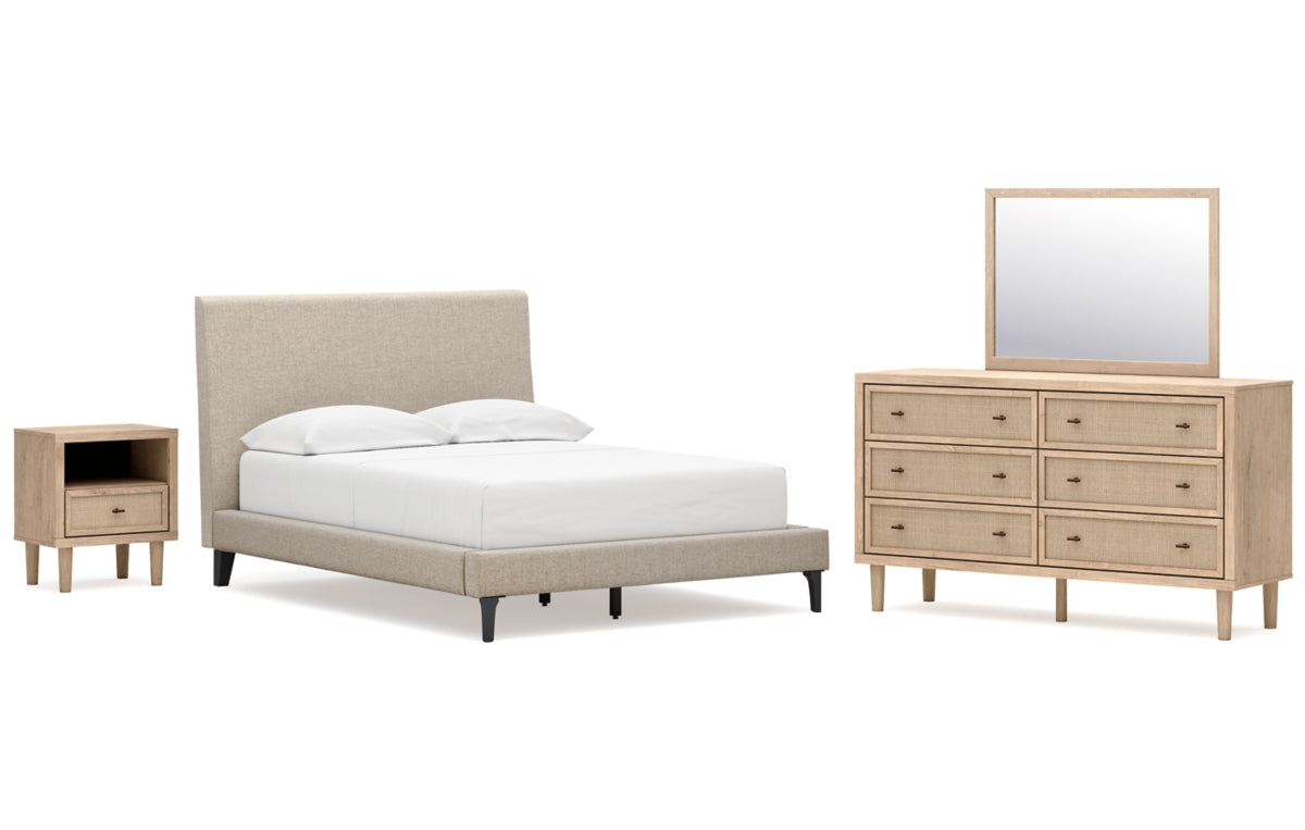 Cielden Full Upholstered Bed with Roll Slats, Dresser, Mirror and Nightstand