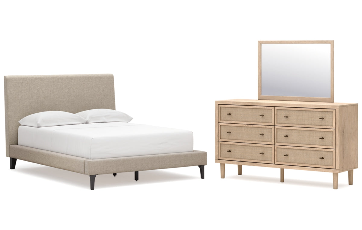 Cielden Full Upholstered Bed with Roll Slats, Dresser and Mirror