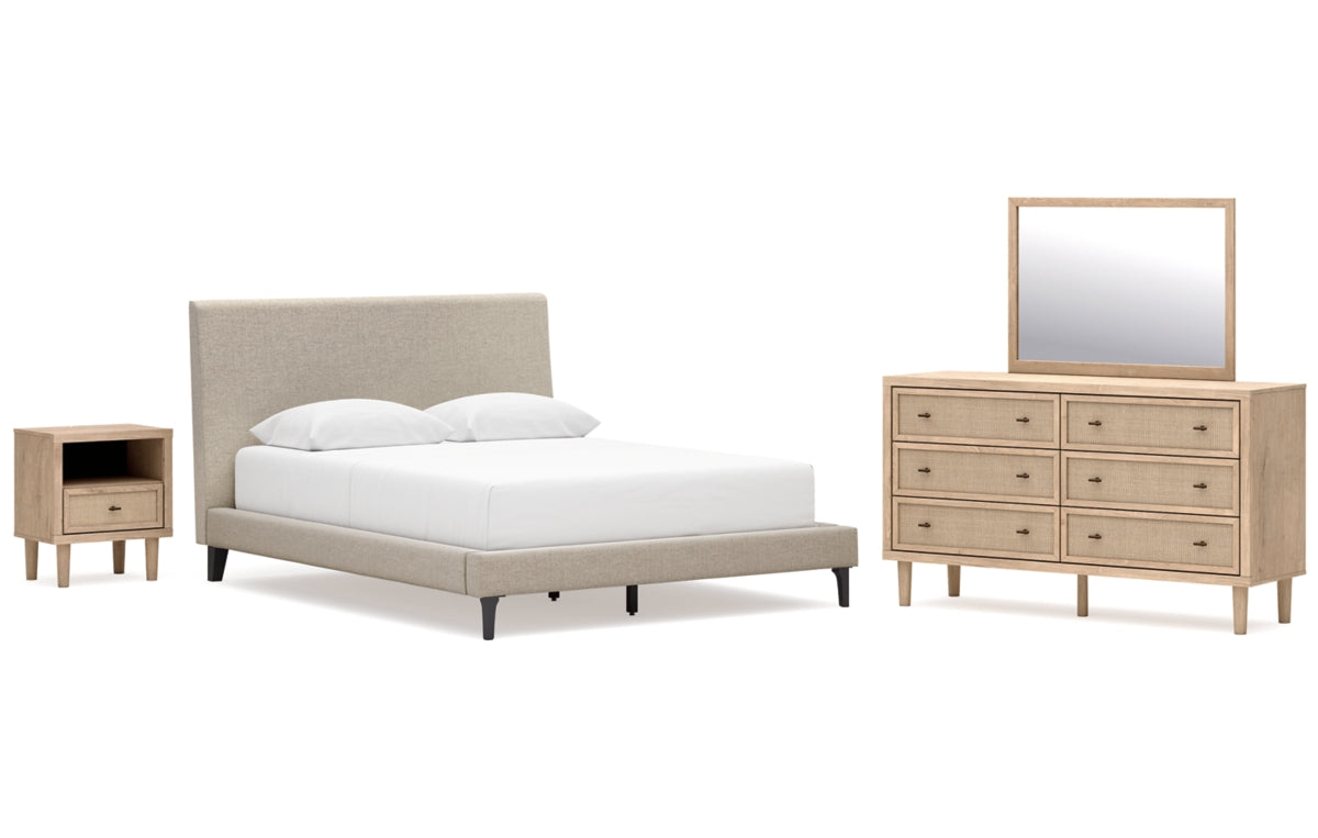 Cielden Queen Upholstered Bed with Roll Slats, Dresser, Mirror and Nightstand