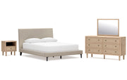 Cielden Queen Upholstered Bed with Roll Slats, Dresser, Mirror and Nightstand