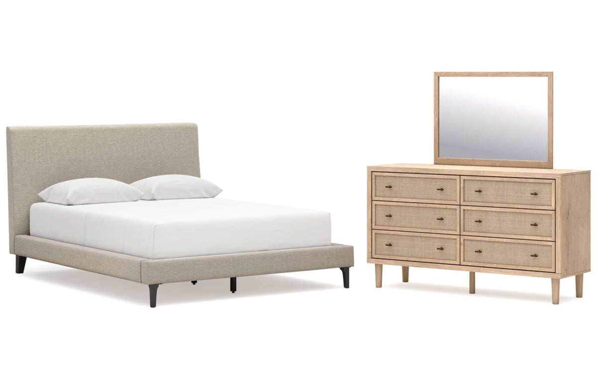 Cielden Queen Upholstered Bed with Roll Slats, Dresser and Mirror