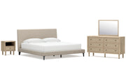 Cielden King Upholstered Bed with Roll Slats, Dresser, Mirror and Nightstand