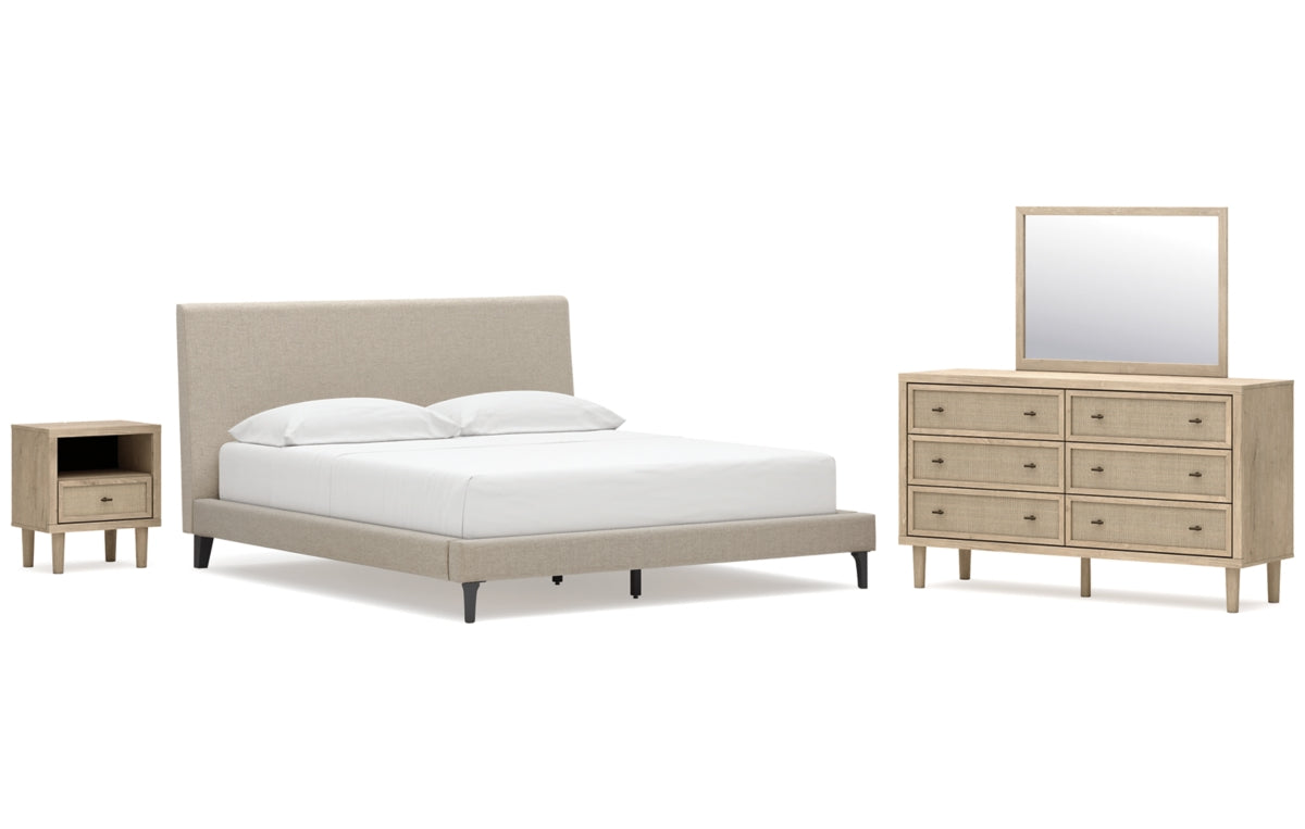 Cielden California King Upholstered Bed with Roll Slats, Dresser, Mirror and Nightstand